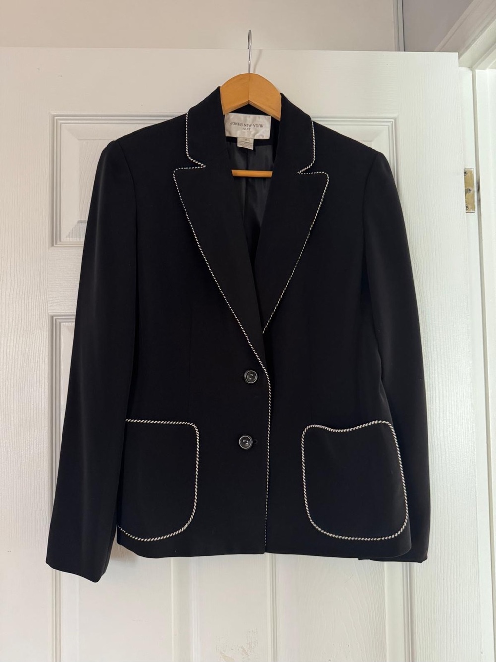 Jones New York Black Blazer with White Piping and Skirt Set